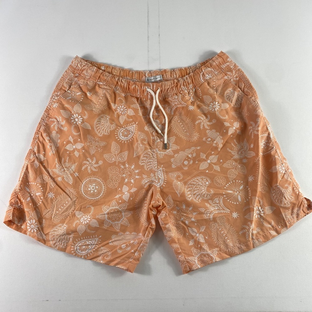 Peter Millar Swim Shorts Mens XL Orange White Floral‎ Paisley Board Trunks Beach